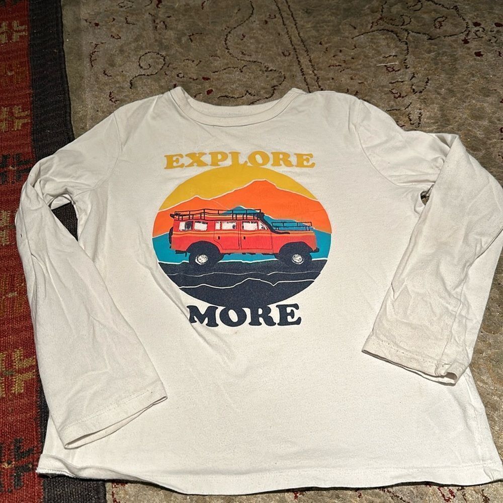 Gap long sleeve white graphic t-shirt - Explore More with truck and mountains.